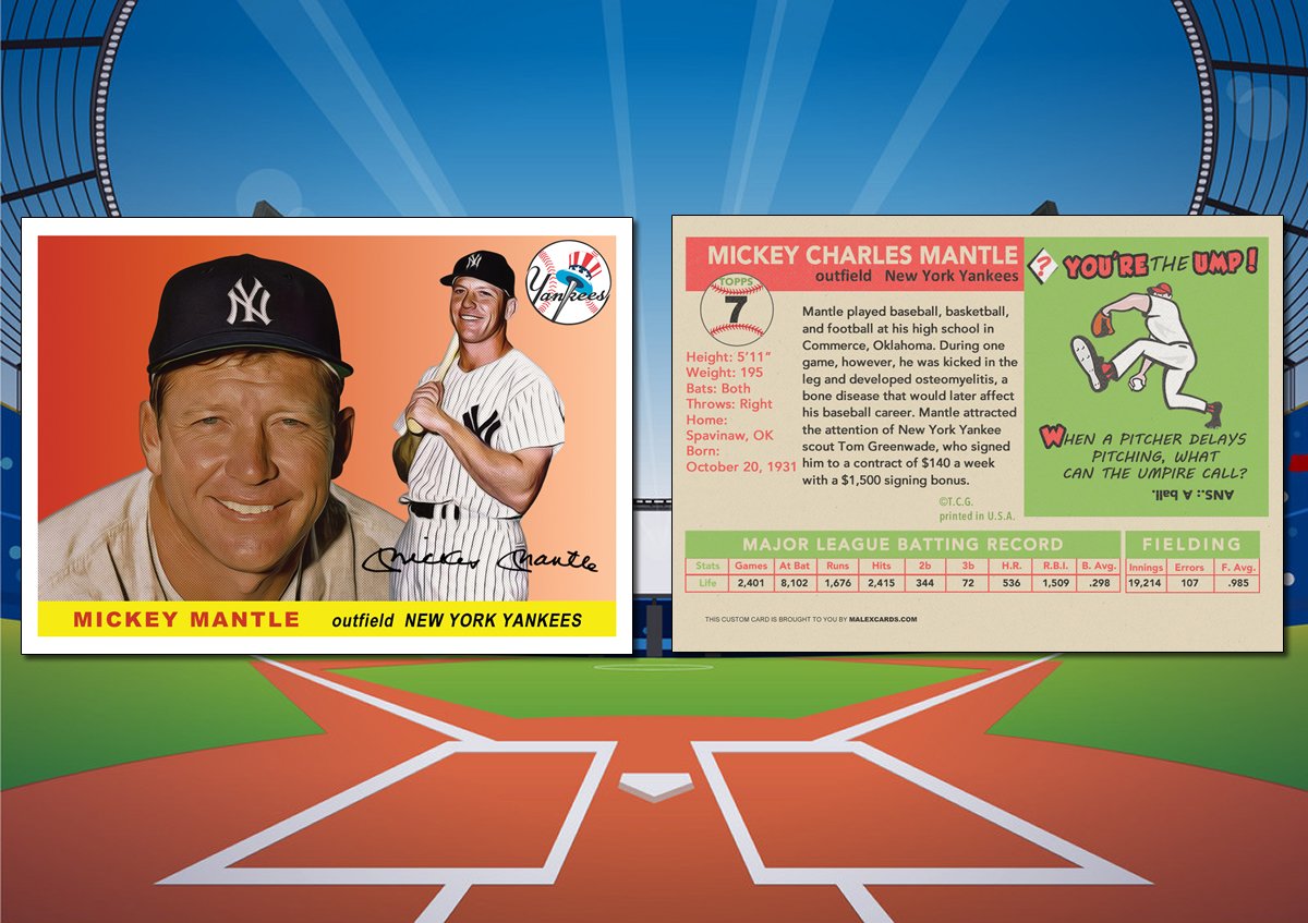 1955 Topps Style MICKEY MANTLE Custom Baseball Card – Malex Custom Cards